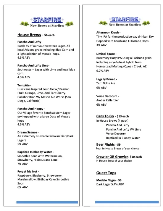 Starfire Beer Menu