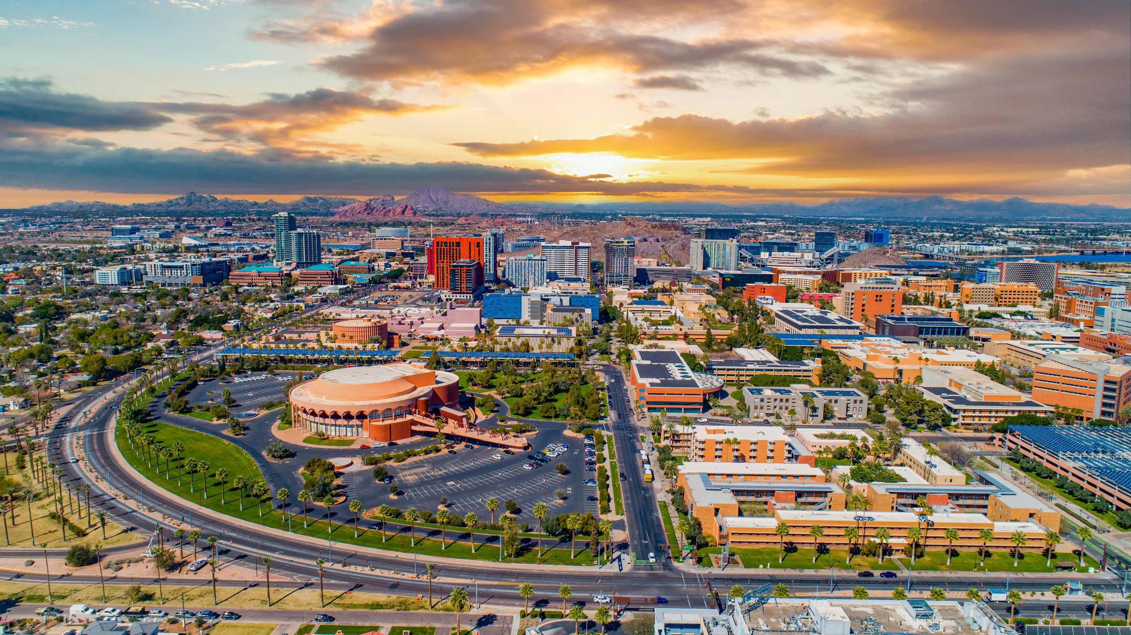 Panorama drone shot of skyline of Tempe, Arizona